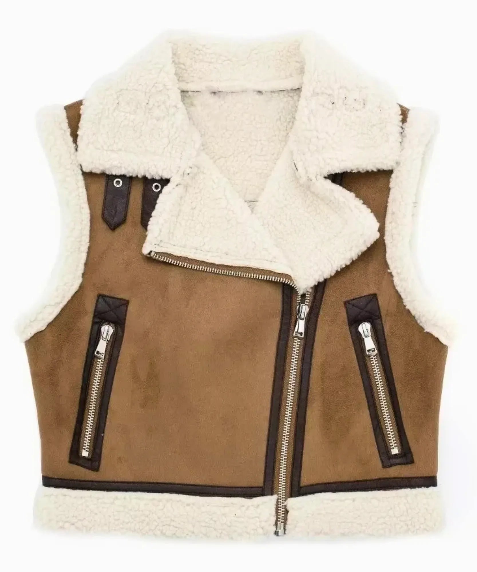 Women's leather moto vest in brown with ivory shearling collar, full length view