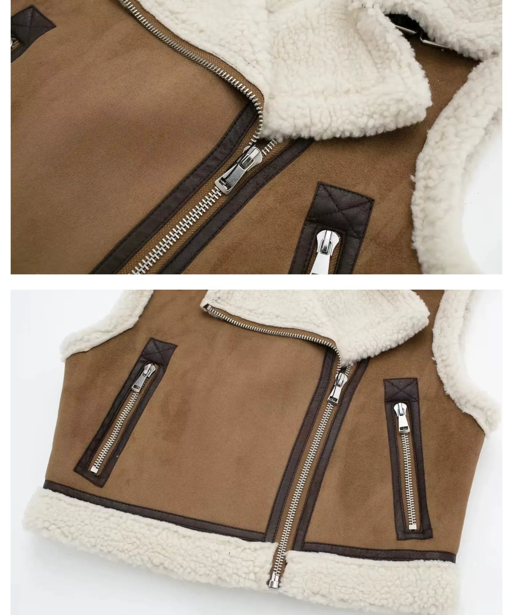 Women's leather moto vest in brown with ivory shearling collar, front closeup
