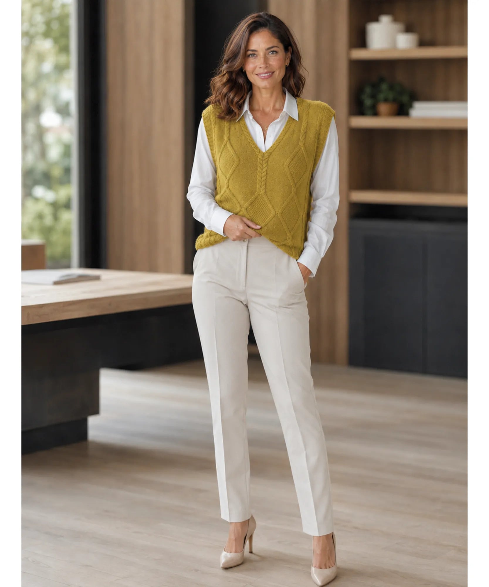 Women's cable knit V-neck sweater vest in mustard, close-up of cable knit texture