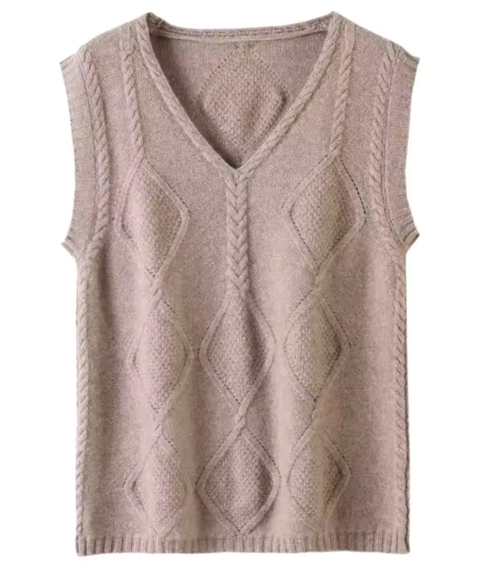 Women's cable knit V-neck sweater vest in taupe, close-up of cable knit texture