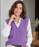 Women's cable knit V-neck sweater vest in lilac, front view