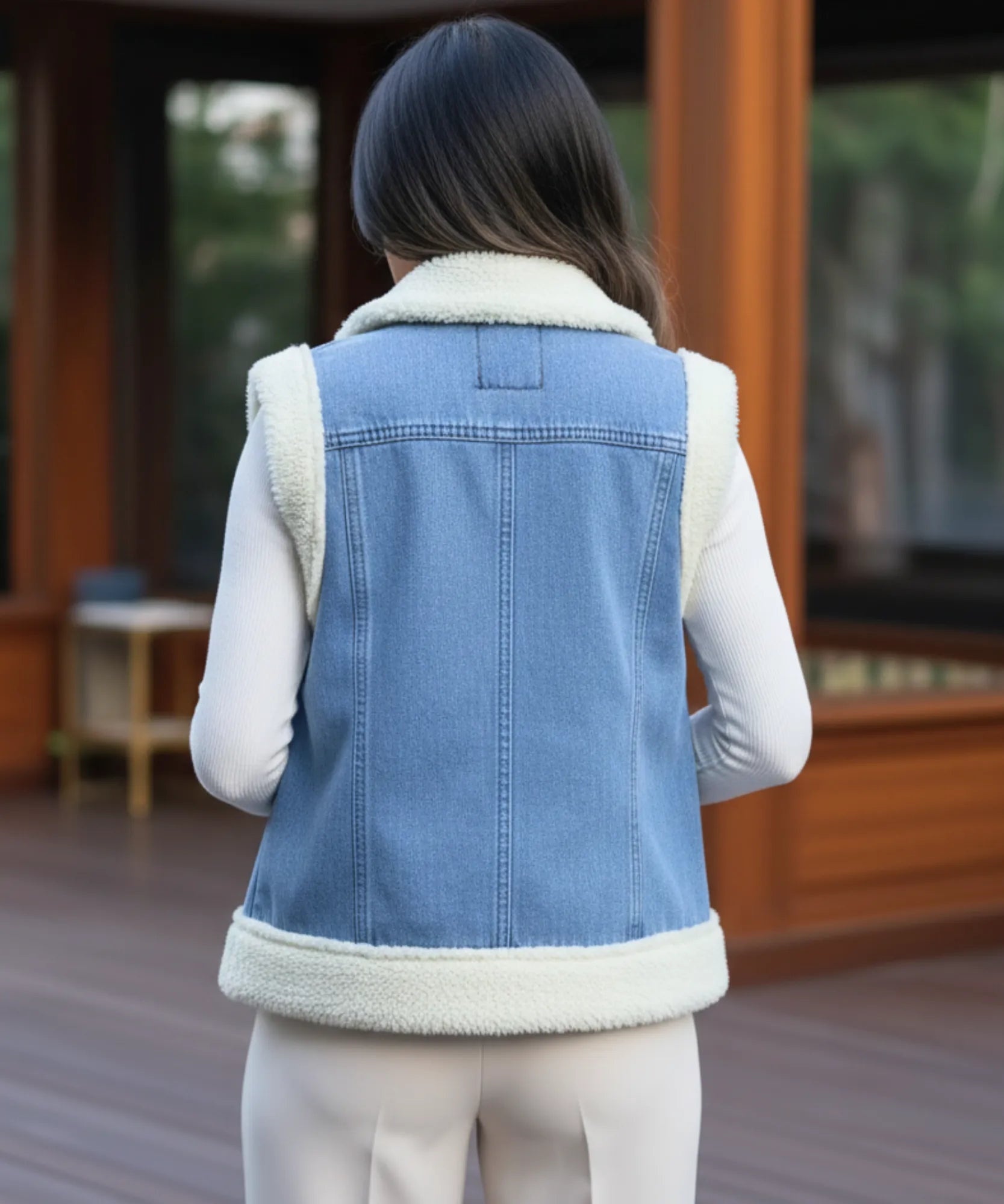 Women's sherpa-lined denim vest in blue, close-up of sherpa lapel