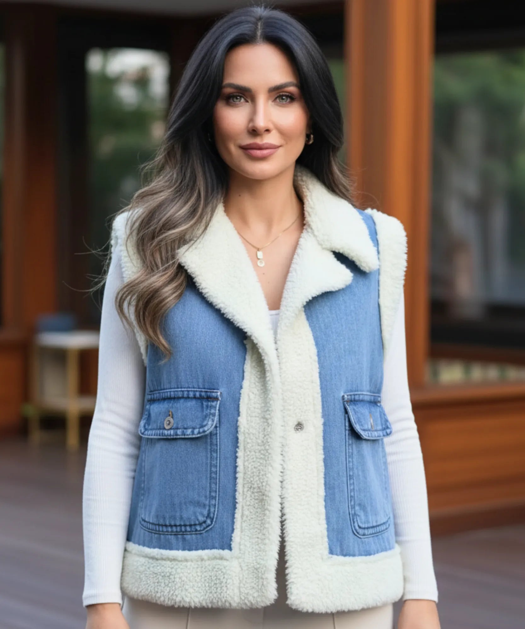 Women's sherpa-lined denim vest in blue, lapel detail