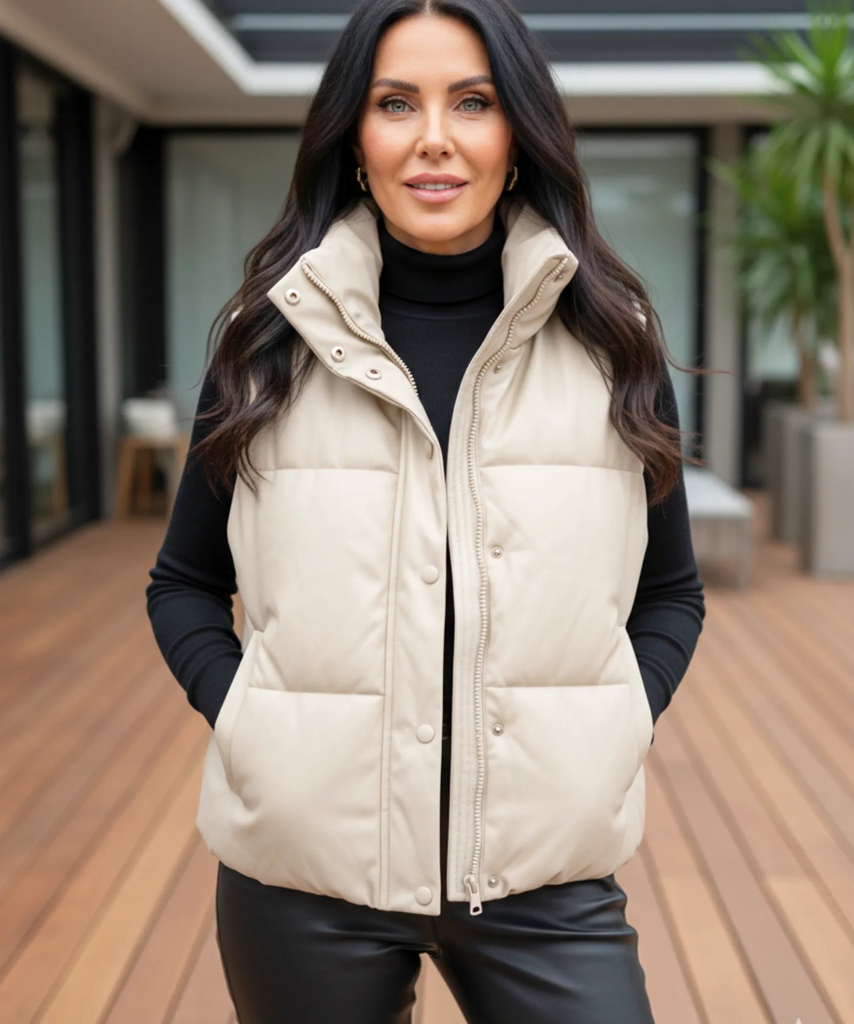 Women's leather puffer vest in ivory, styled look