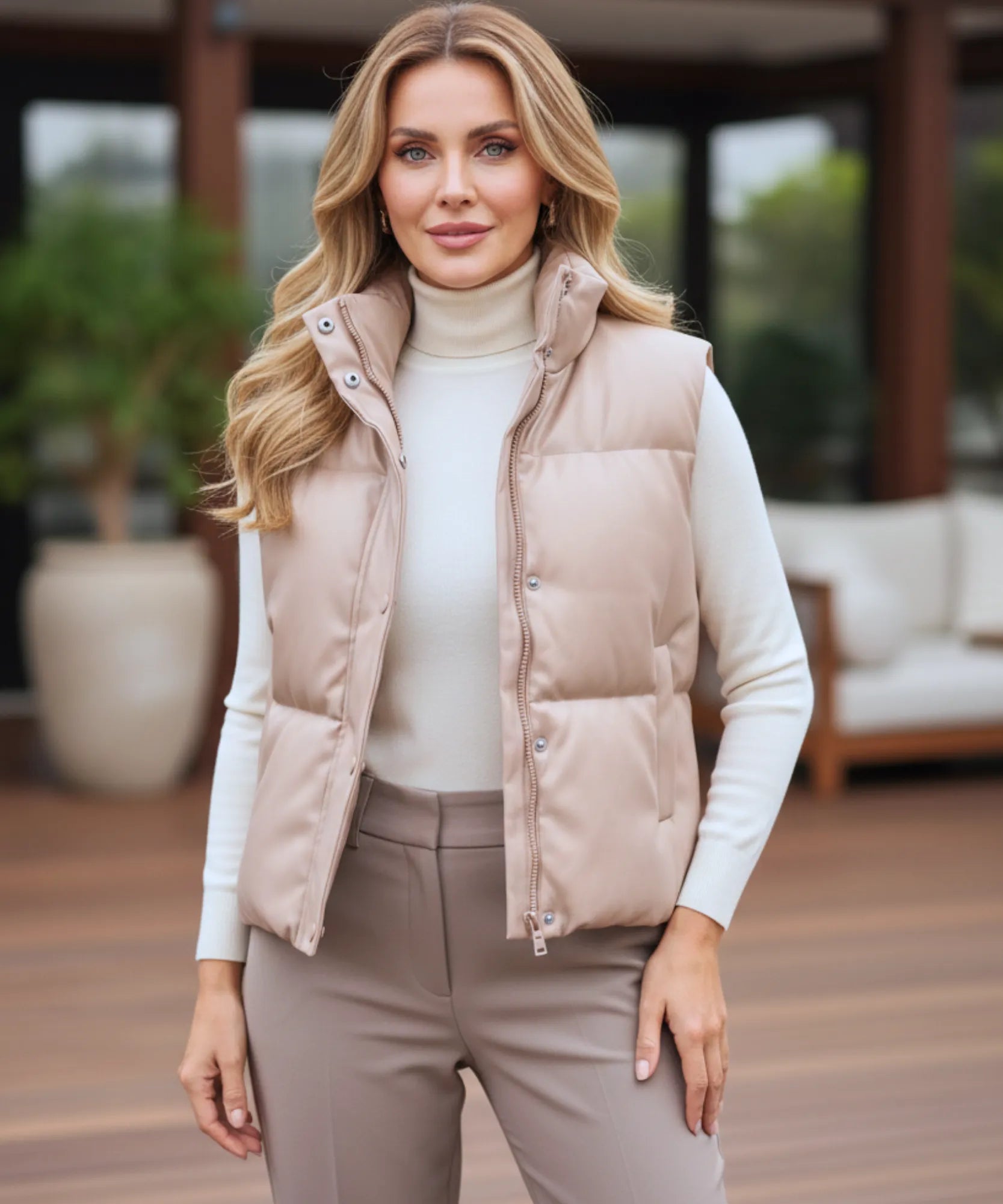 Women's leather puffer vest in ivory, close-up detail