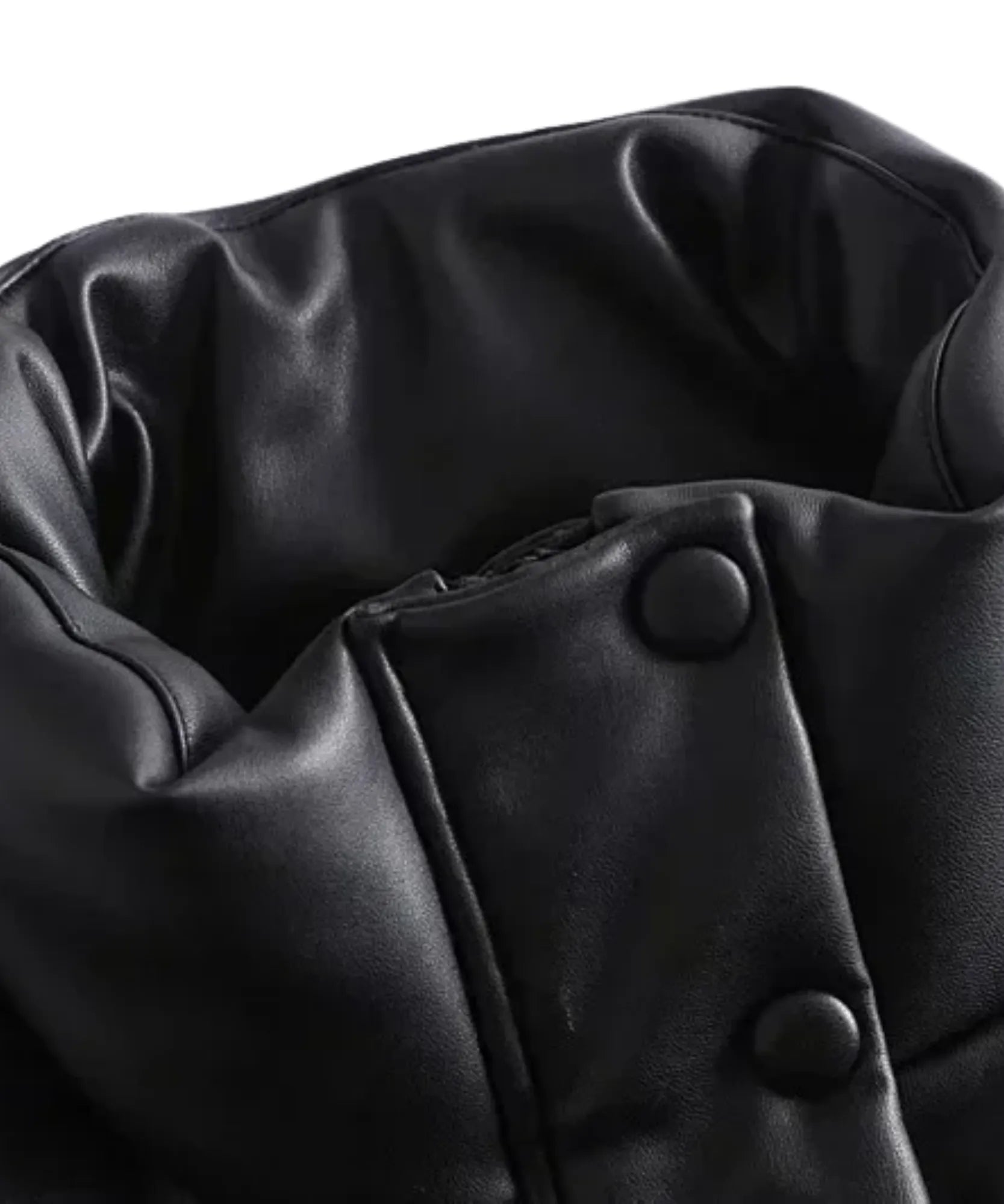 Women's leather puffer vest in black, close-up of collar and buttons