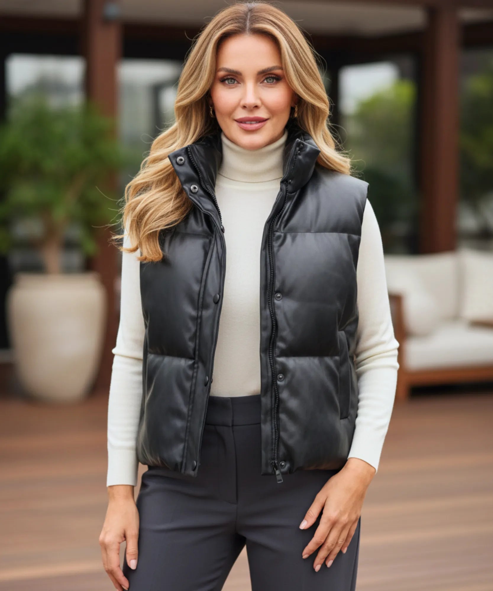 Women's leather puffer vest in black, close-up of snap buttons
