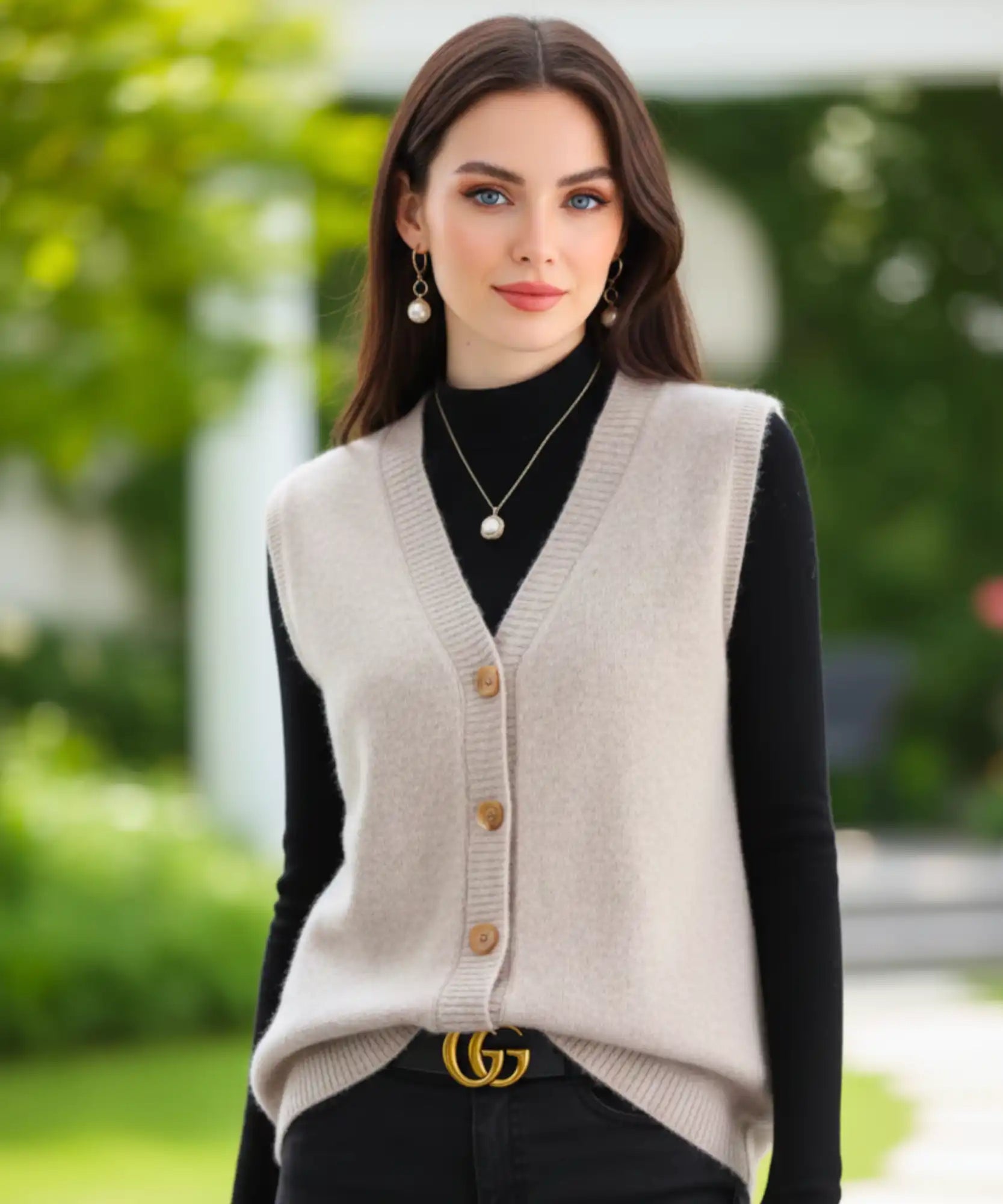 Women's V-neck button-front sweater vest in Ivory