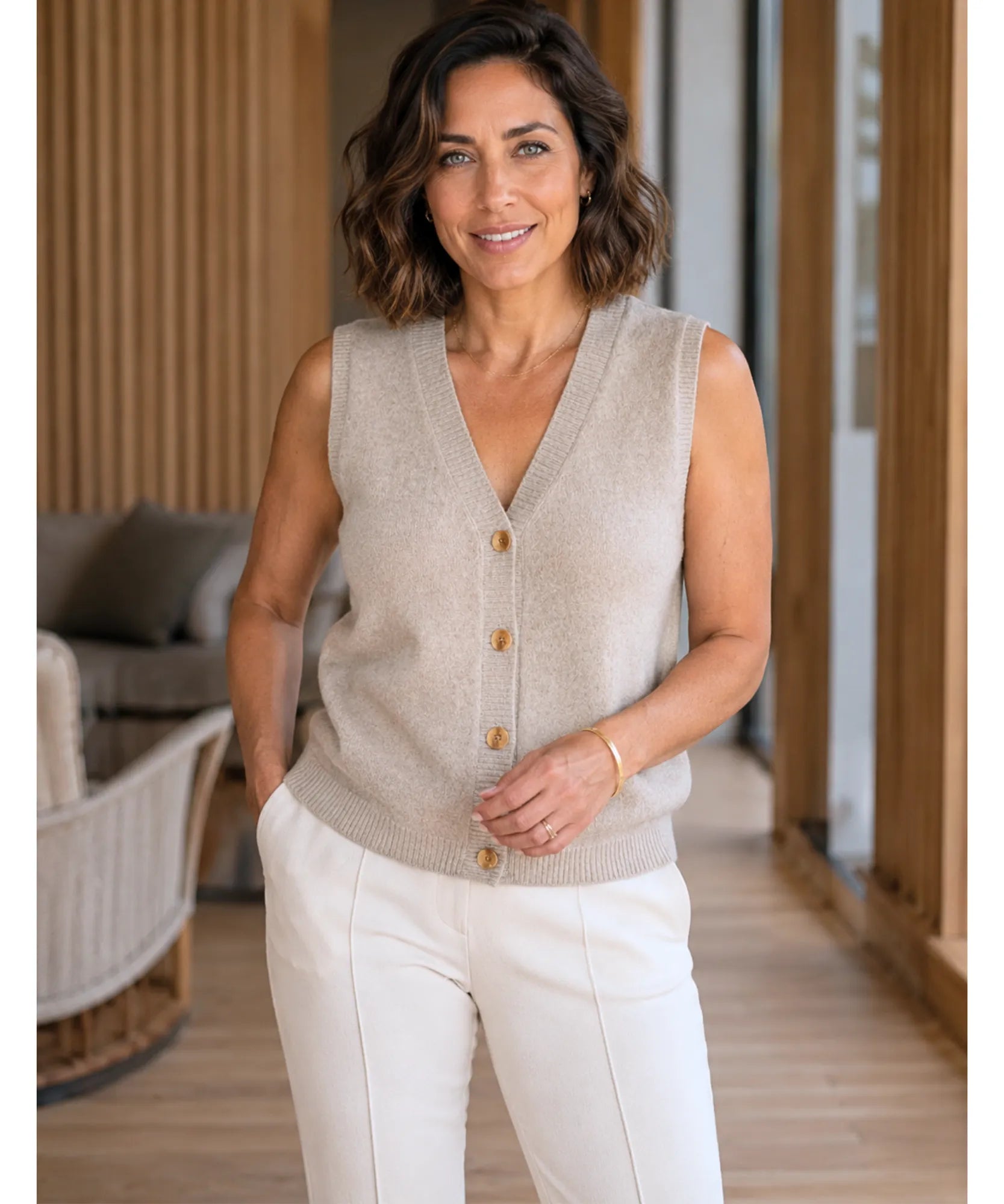 Women's V-neck button-front sweater vest in Taupe