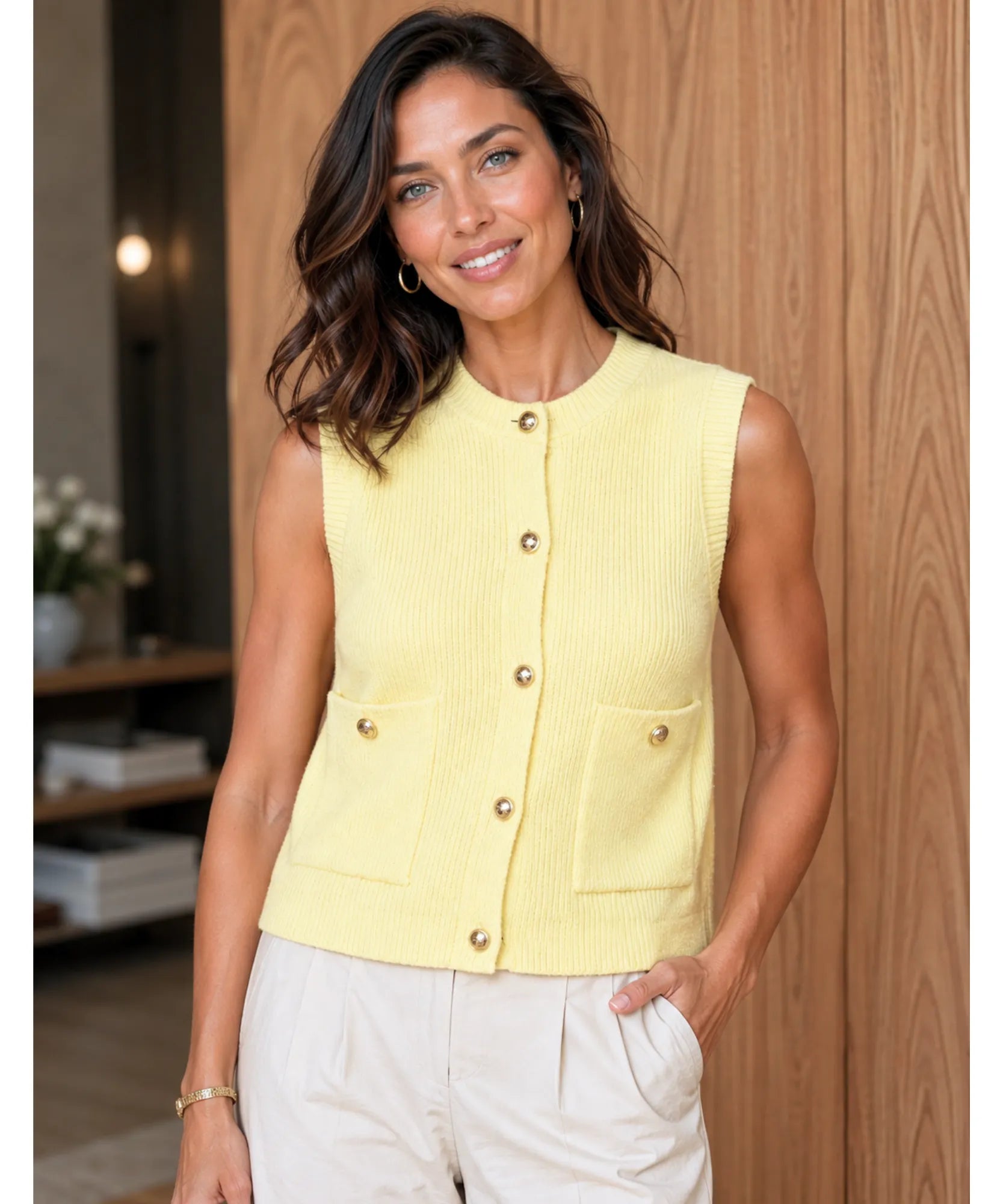 Women's ribbed knit cardigan vest in Butter Yellow