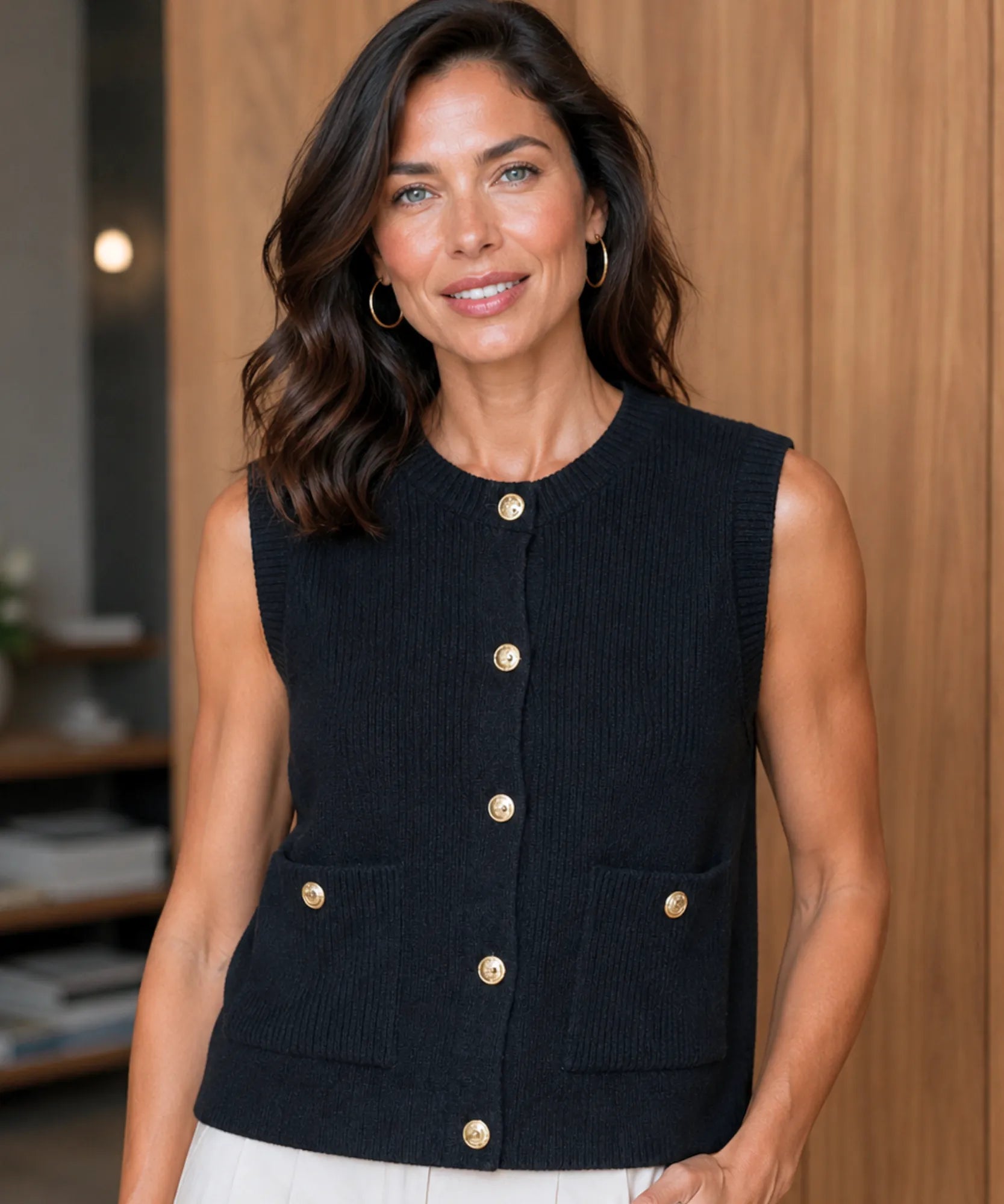 Women's ribbed knit cardigan vest in Black