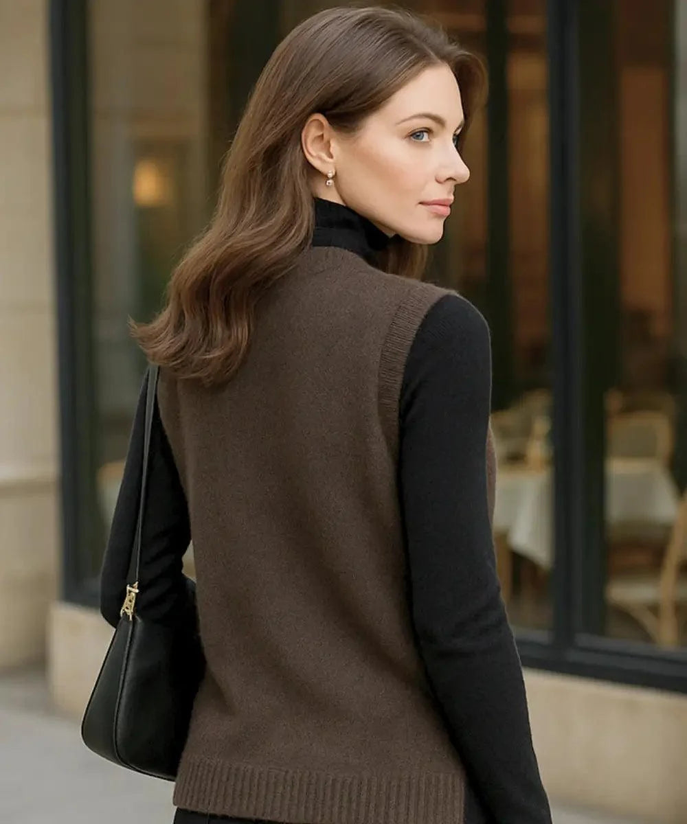 Women's V-neck button-front sweater vest in Dark Brown