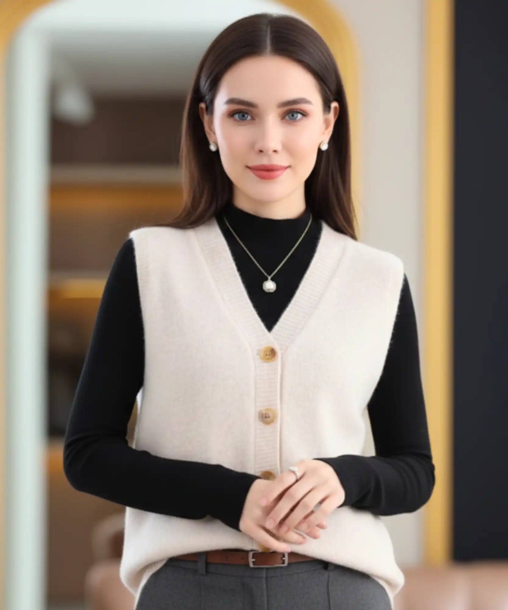 Women's V-neck button-front sweater vest in Camel