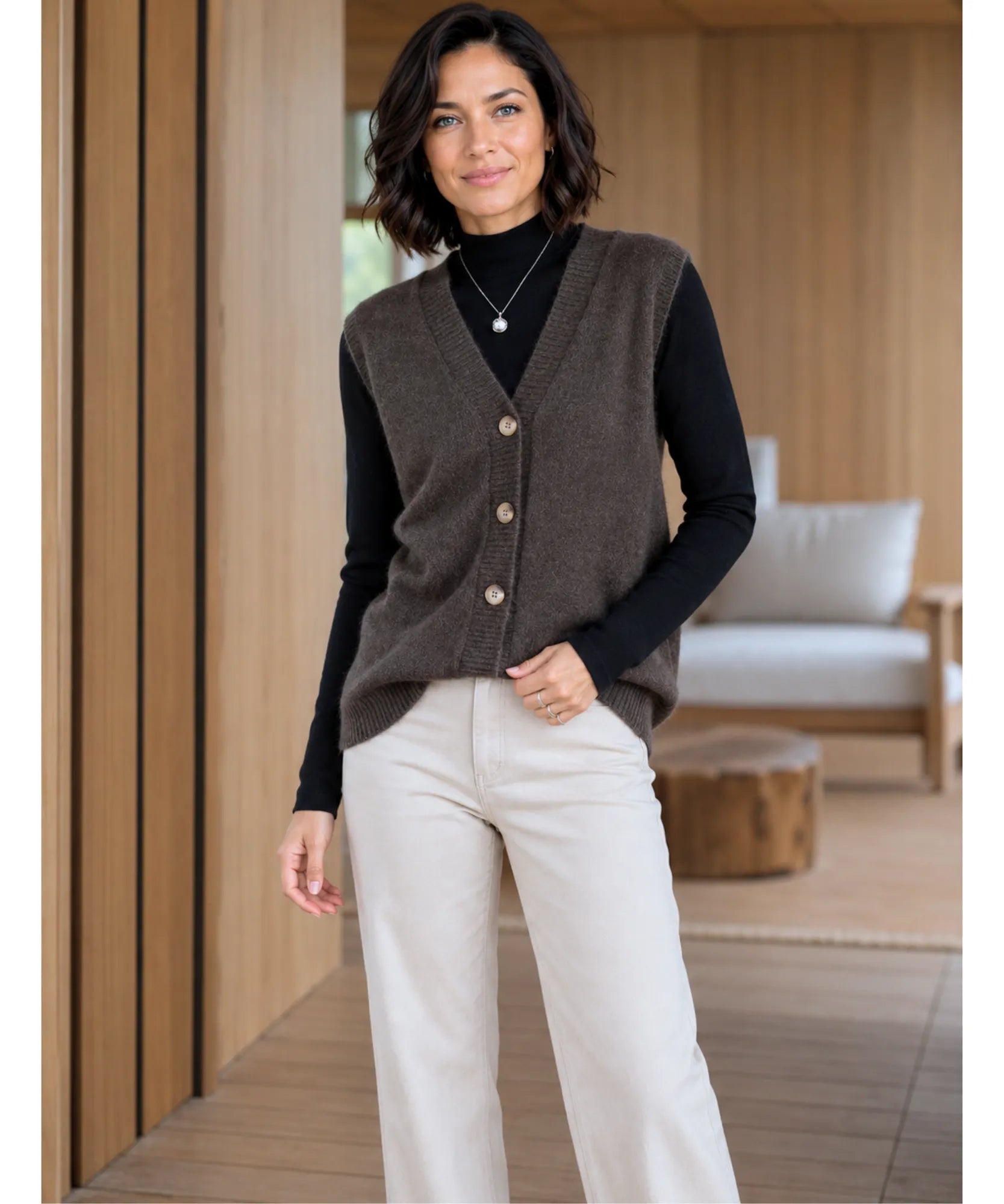Women's V-neck button-front sweater vest in Camel