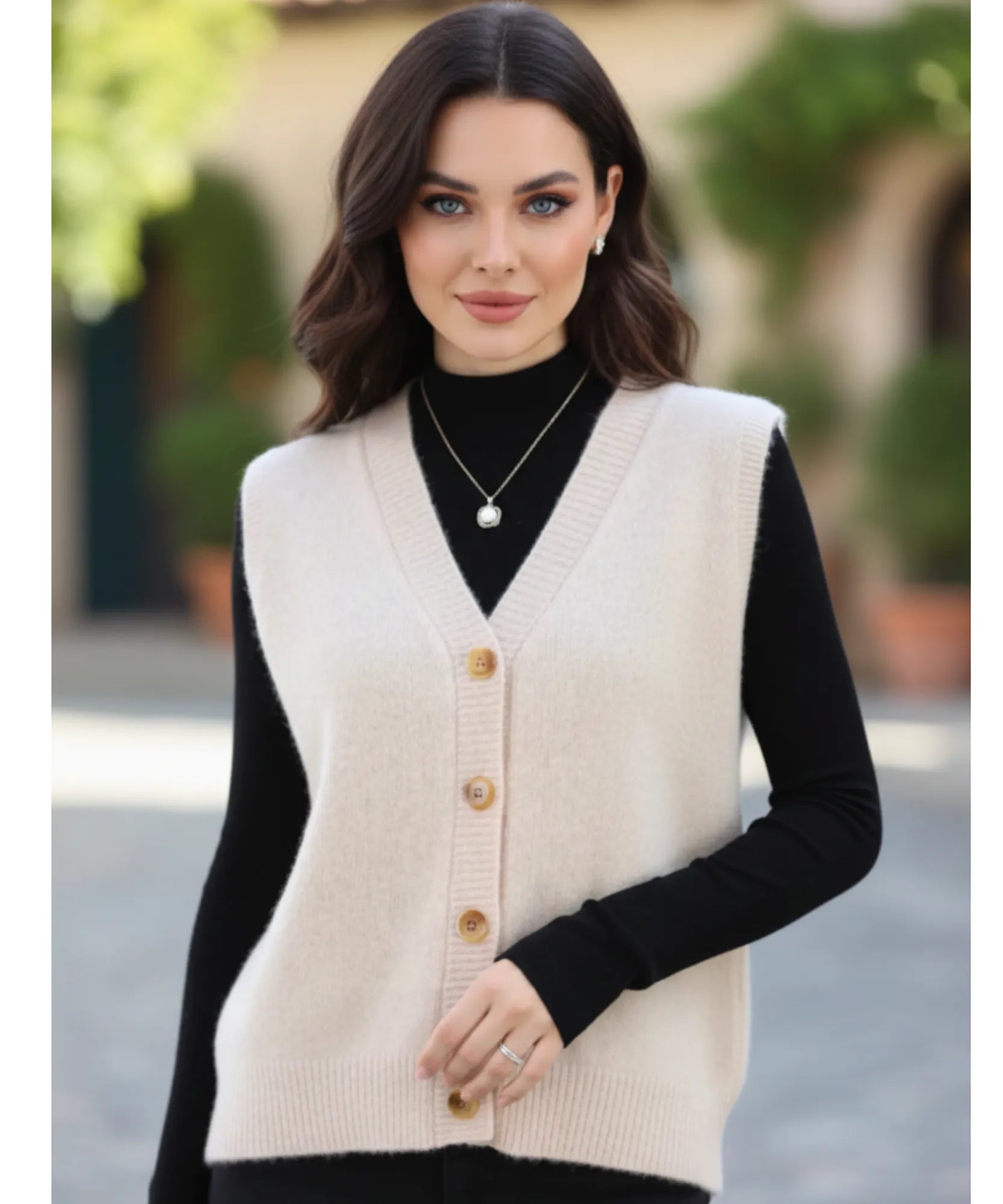 Women's V-neck button-front sweater vest in Camel