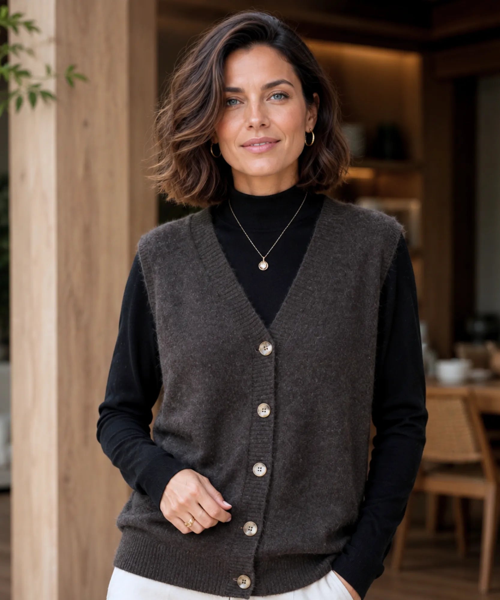 Women's V-neck button-front sweater vest in Camel