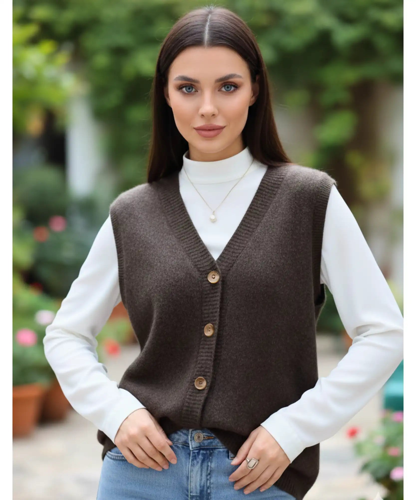Women's V-neck button-front sweater vest in Camel