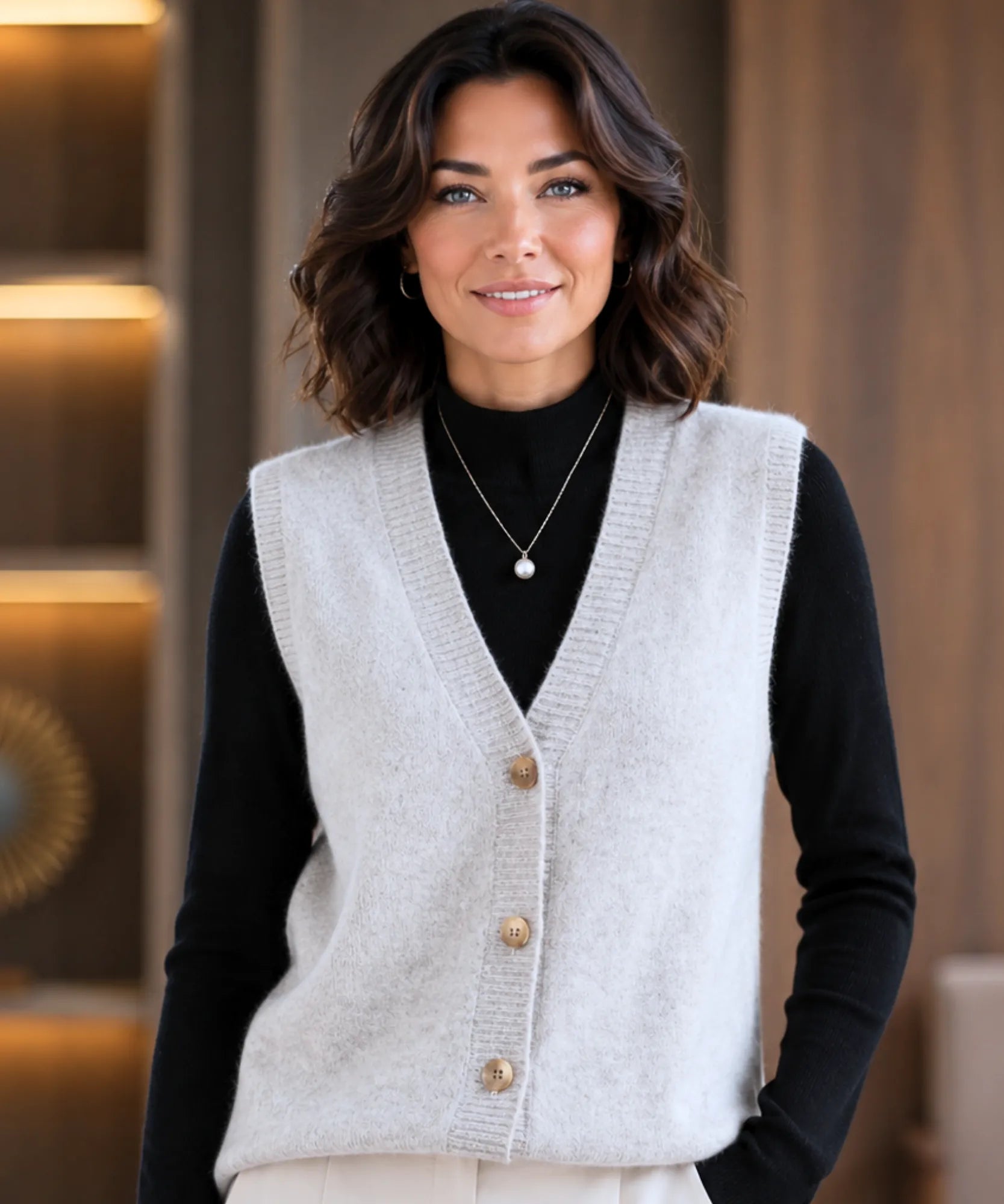 Women's V-neck button-front sweater vest in Ivory