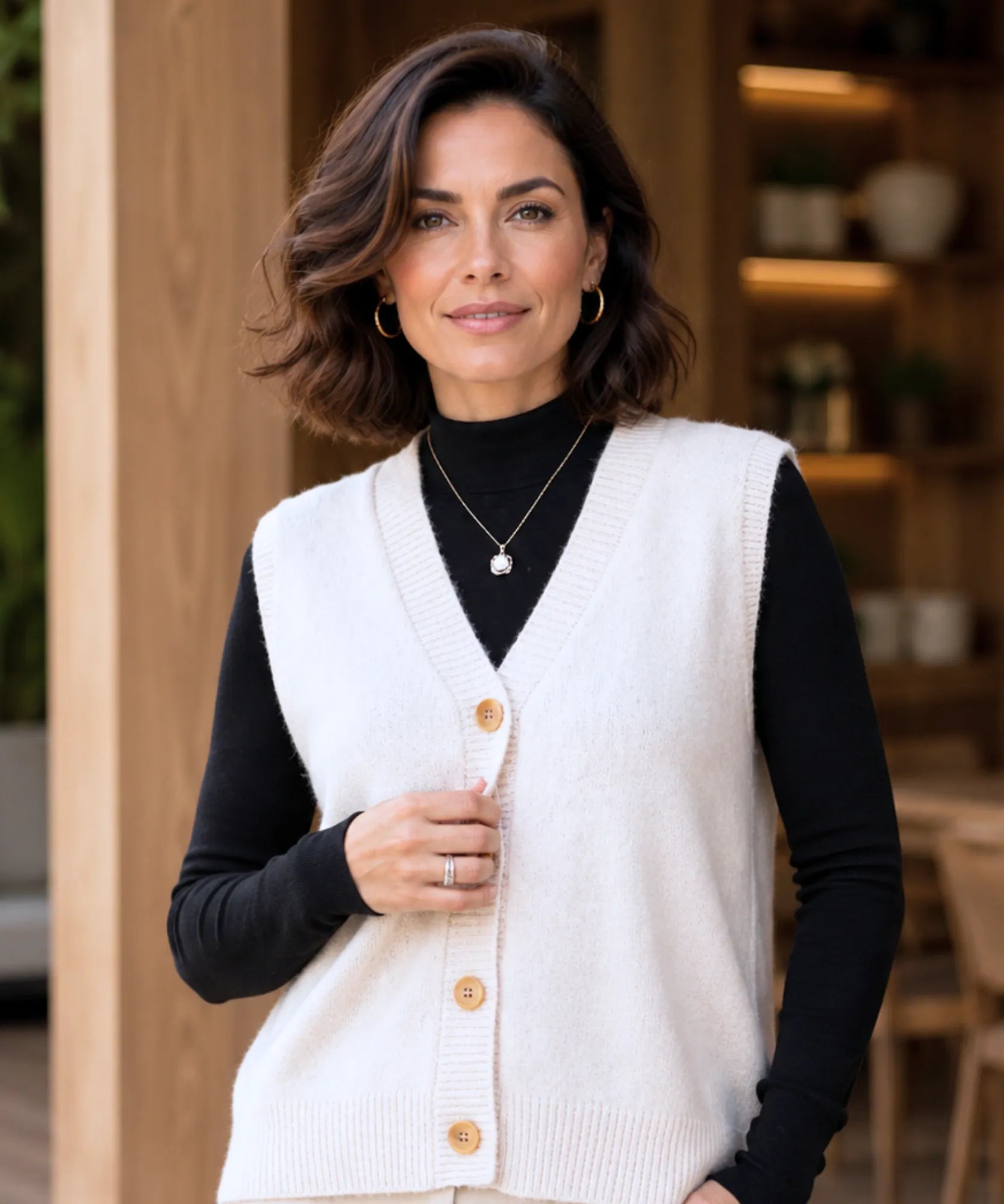 Women's V-neck button-front sweater vest in Ivory