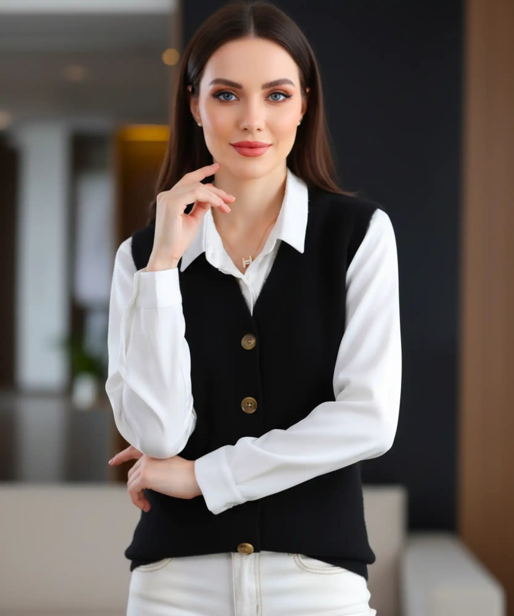 Women's V-neck button-front sweater vest in Black