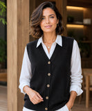 Women's V-neck button-front sweater vest in Black
