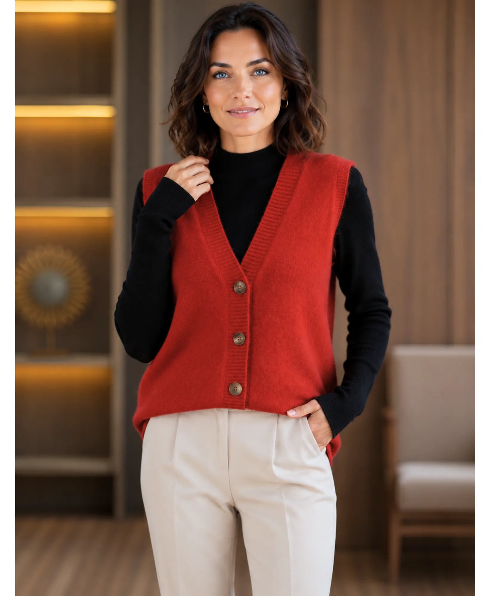 Women's V-neck button-front sweater vest in Red