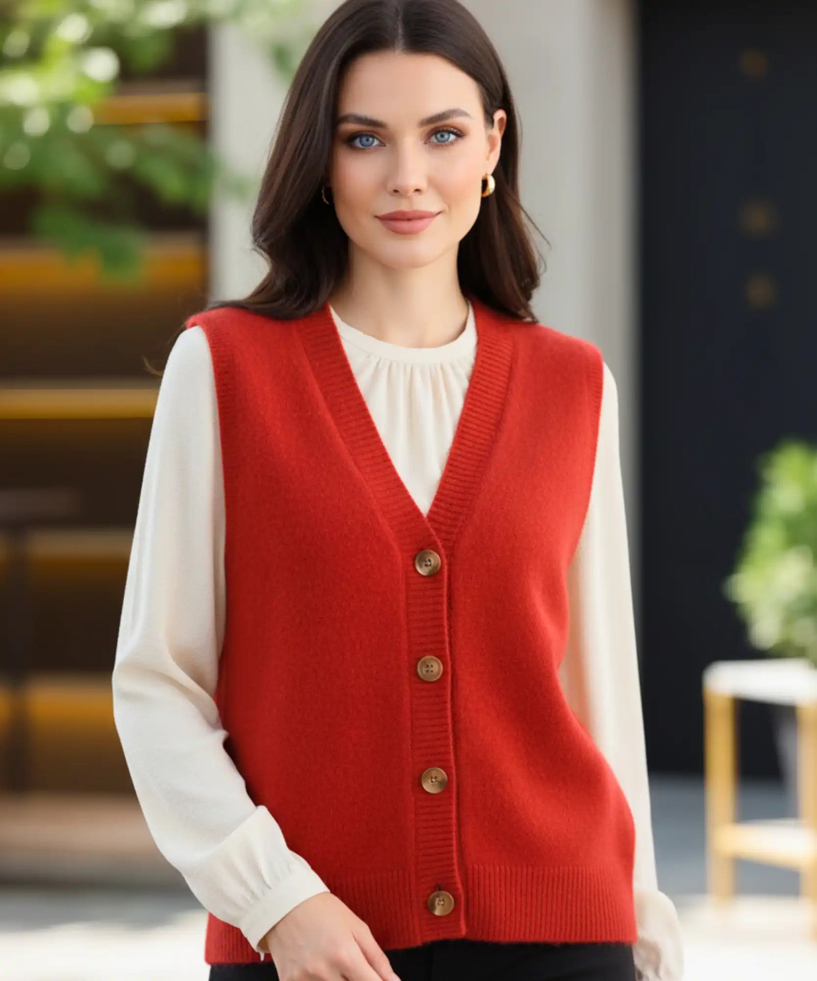 Women's V-neck button-front sweater vest in Red