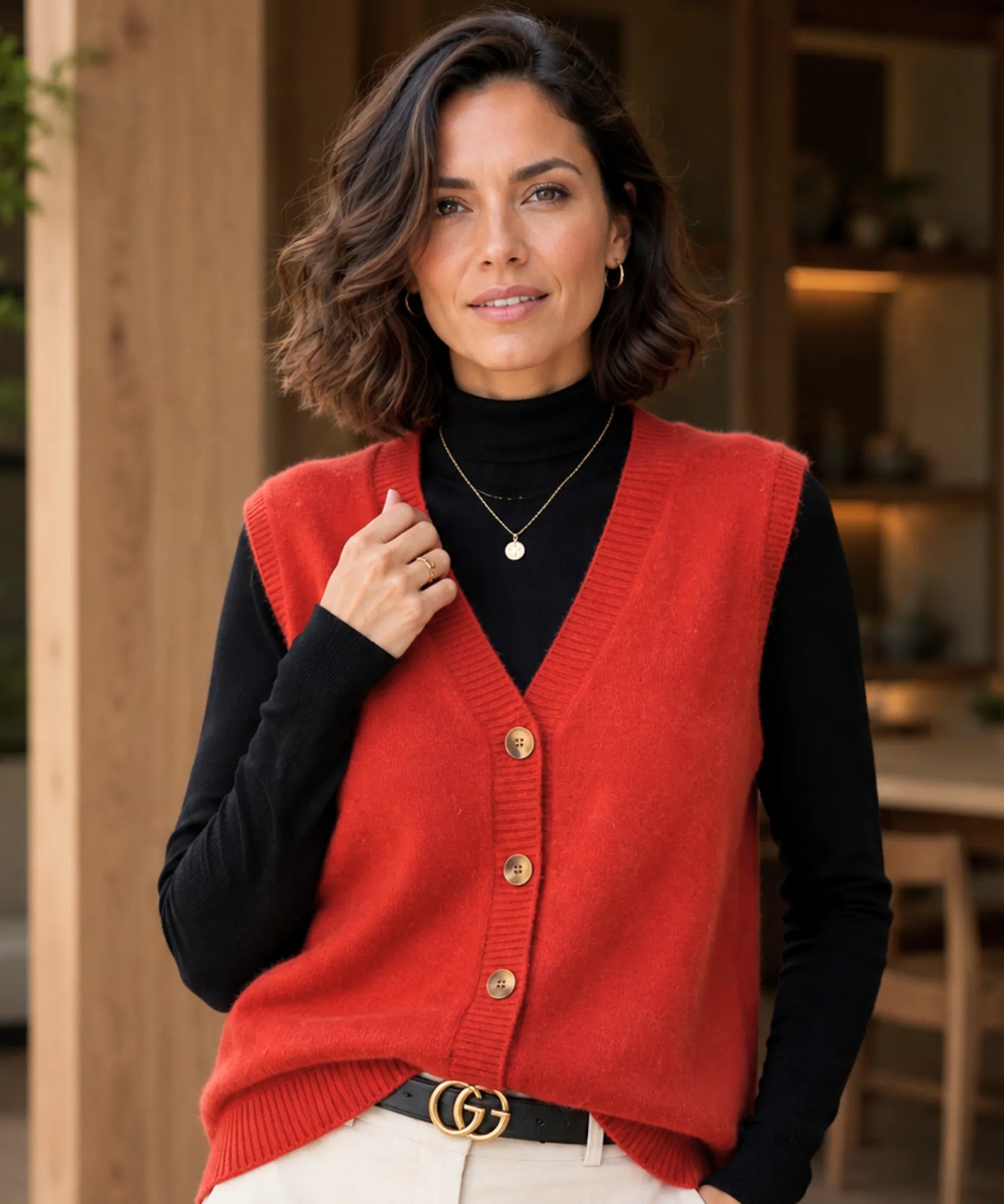 Women's V-neck button-front sweater vest in Red