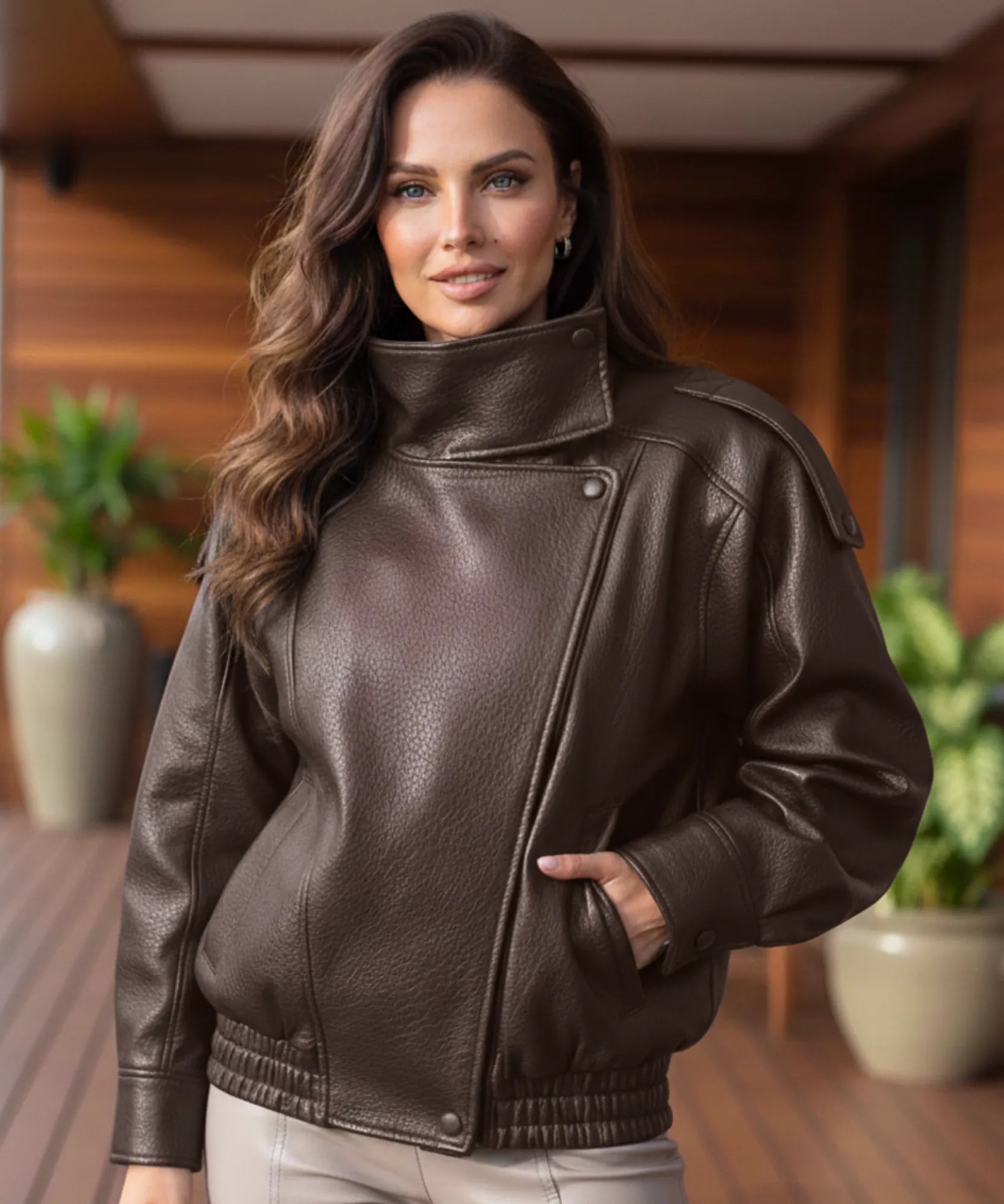 Woman wearing an asymmetrical leather jacket in mocha