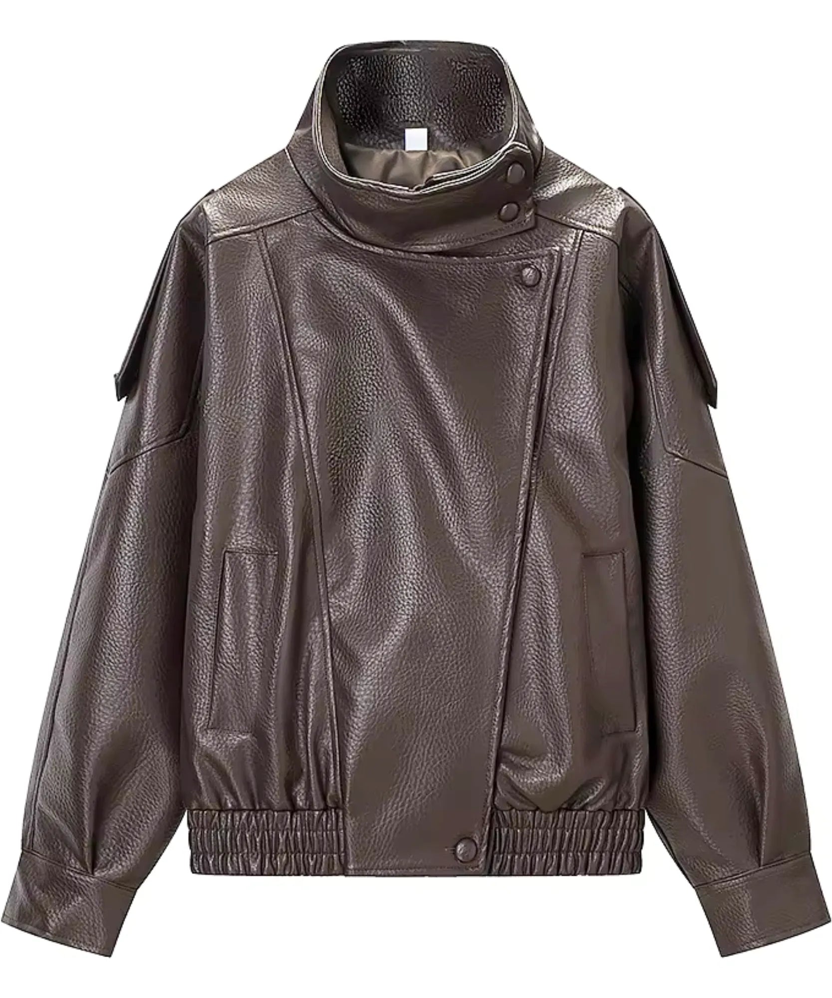 Woman wearing the mocha leather jacket outdoors