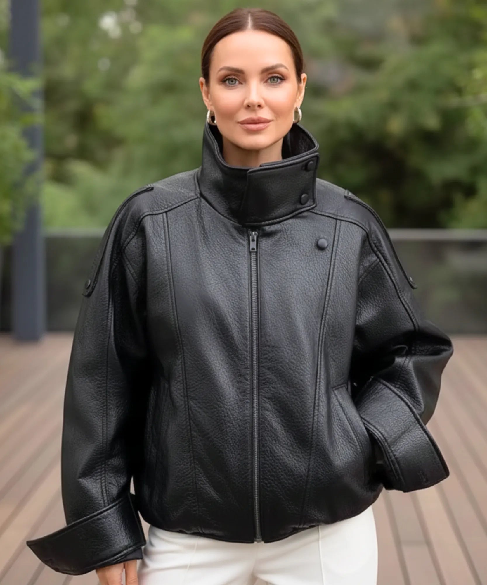 Close-up of the diagonal front zip on the leather jacket