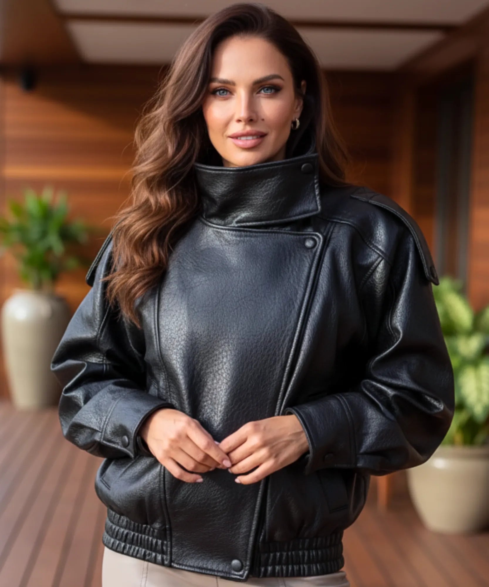 Side view of the black asymmetrical leather jacket