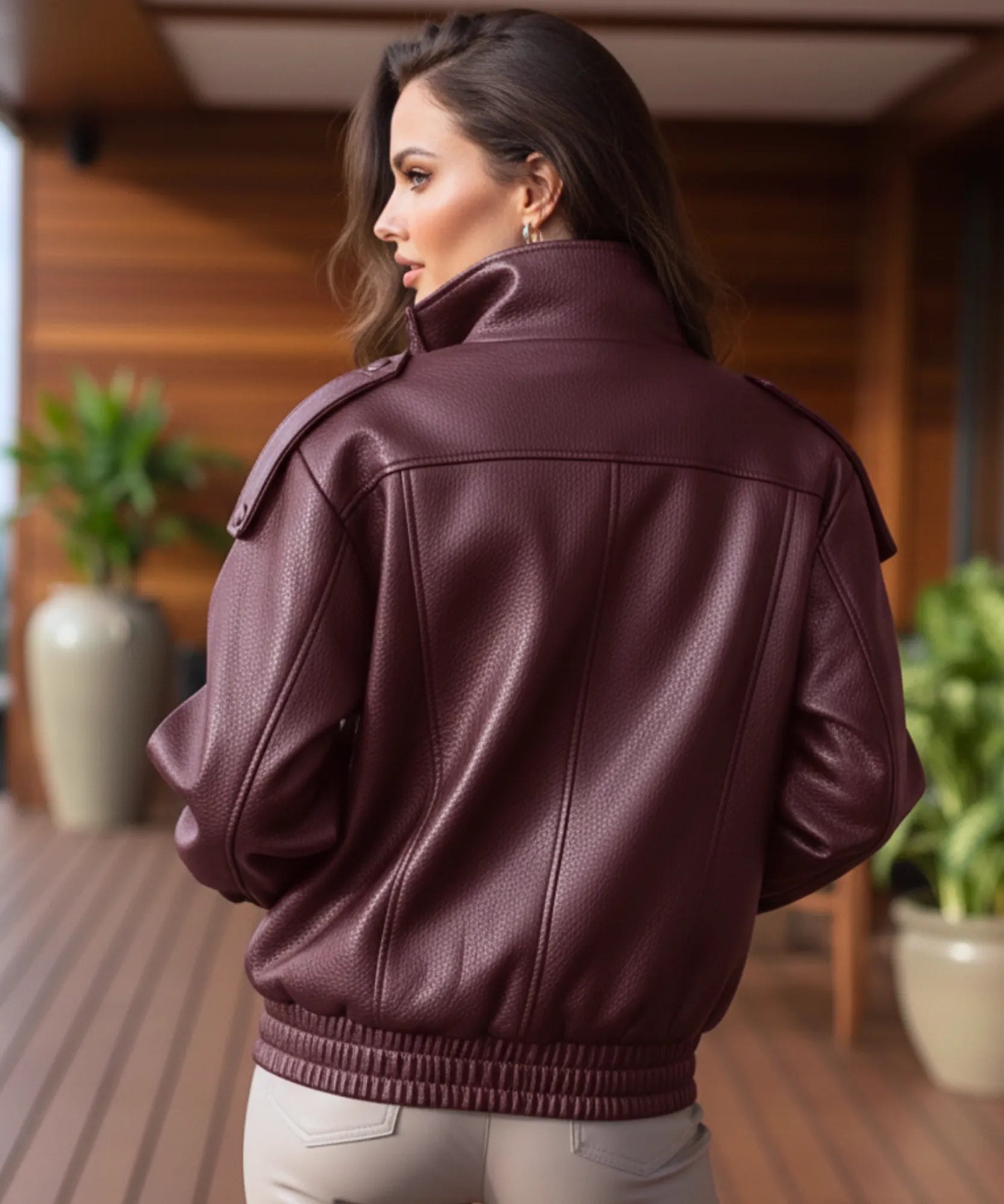 Close-up of the burgundy leather jacket collar