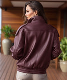 Close-up of the burgundy leather jacket collar