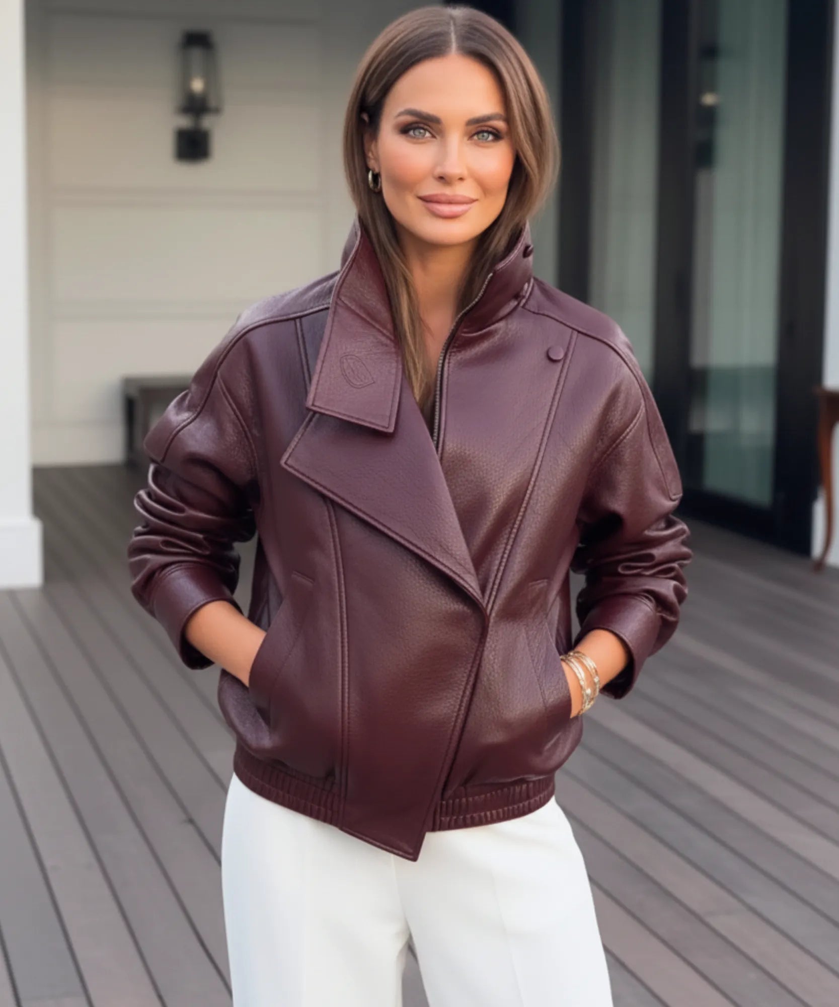 Detail shot of the burgundy leather jacket hardware