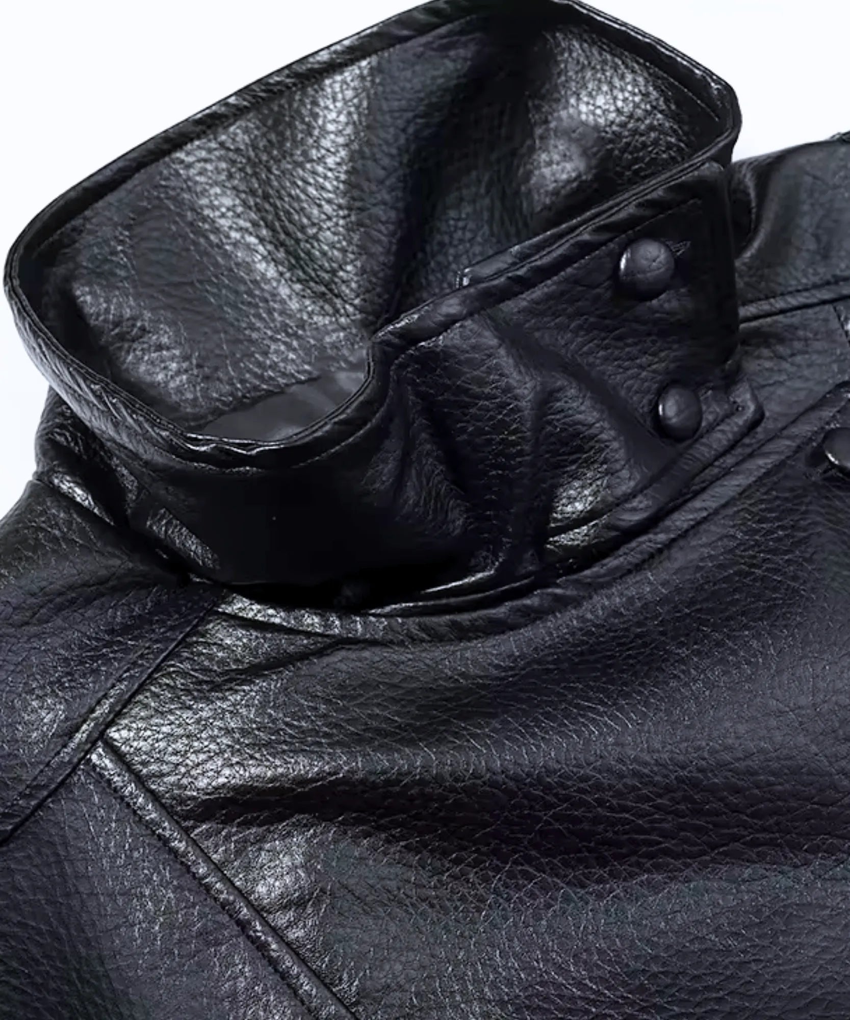 Woman wearing the asymmetrical leather jacket, front view