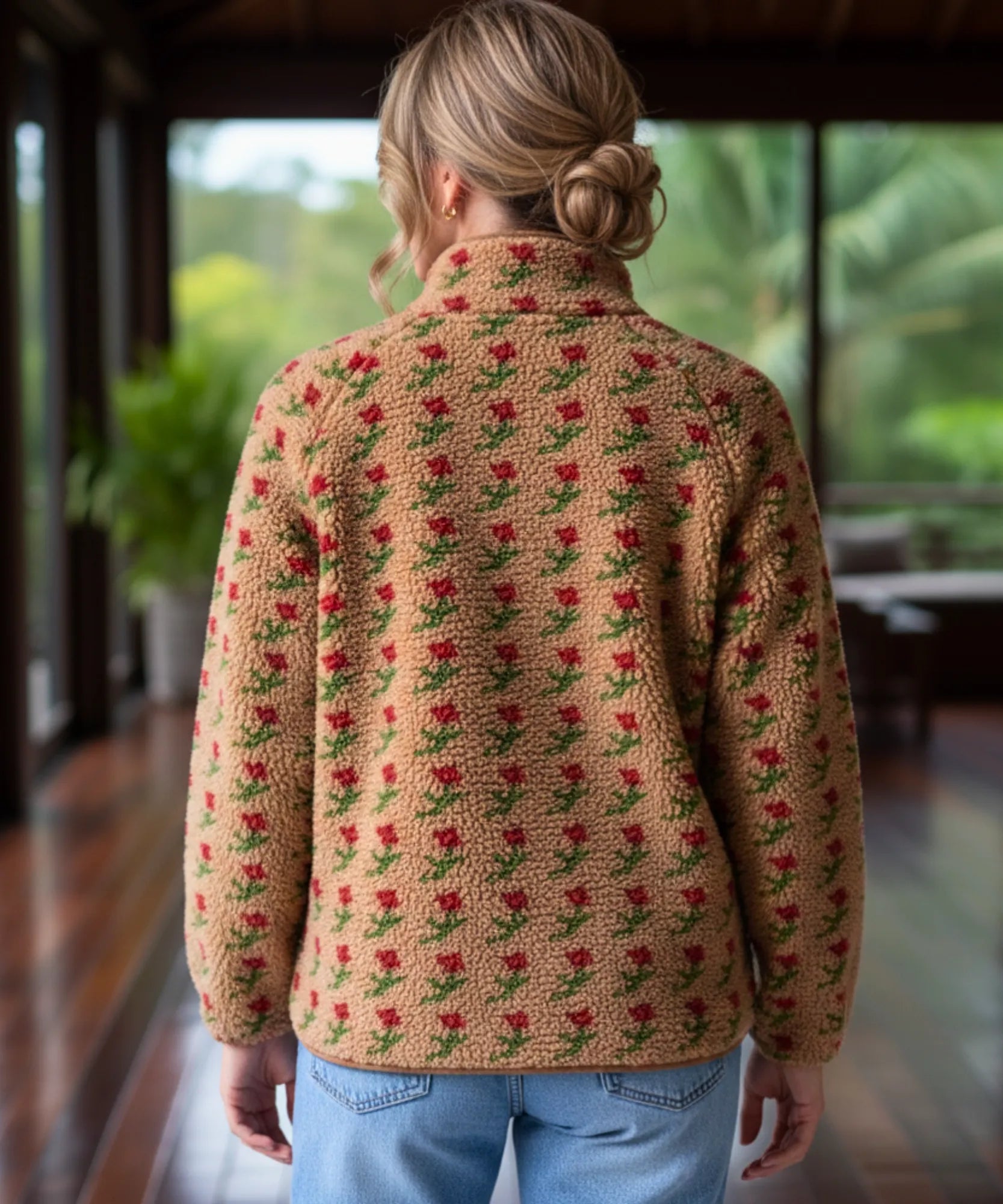 Front view of the camel floral fleece jacket