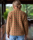 Front view of the camel floral fleece jacket