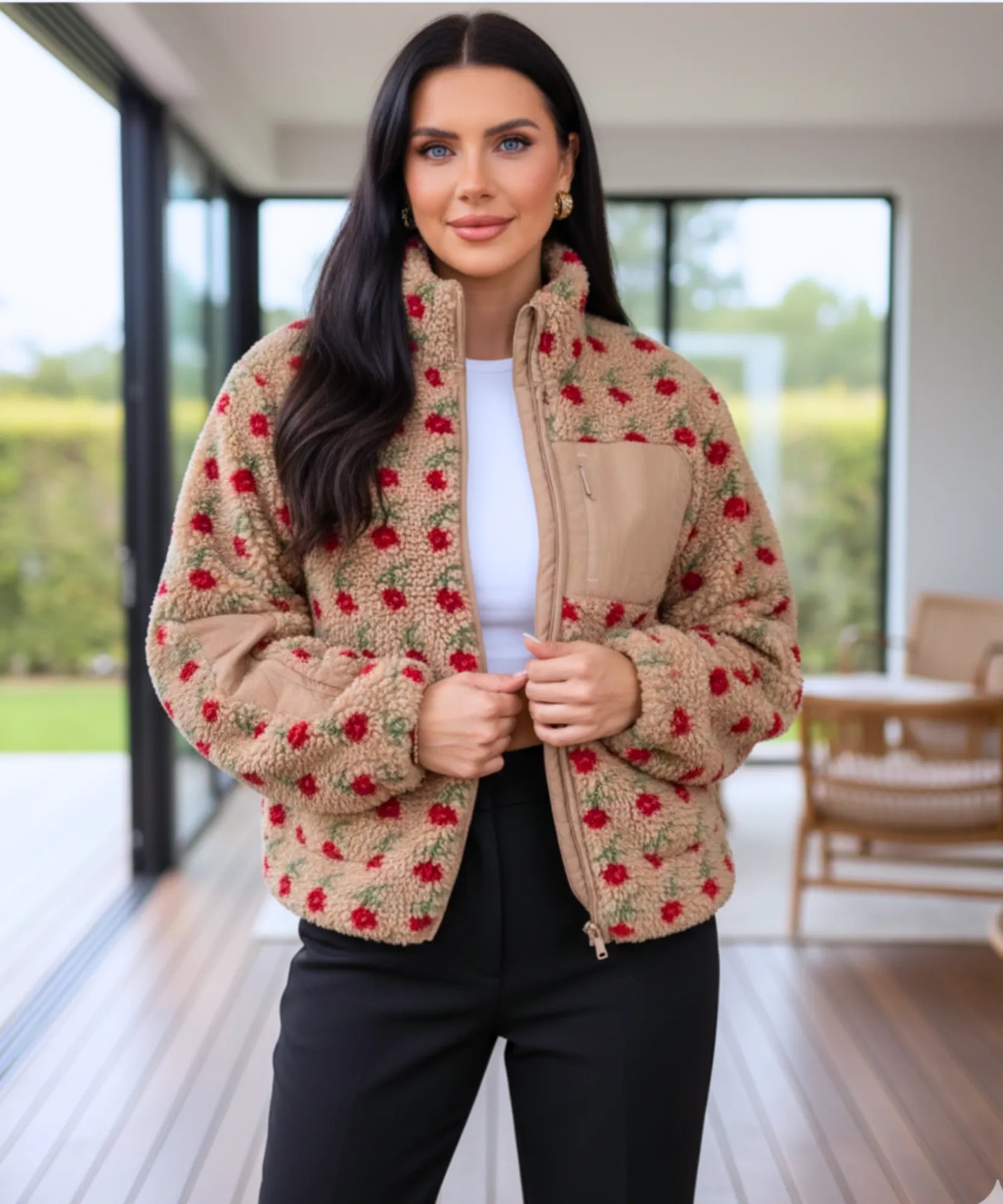 Back view of the camel floral fleece jacket