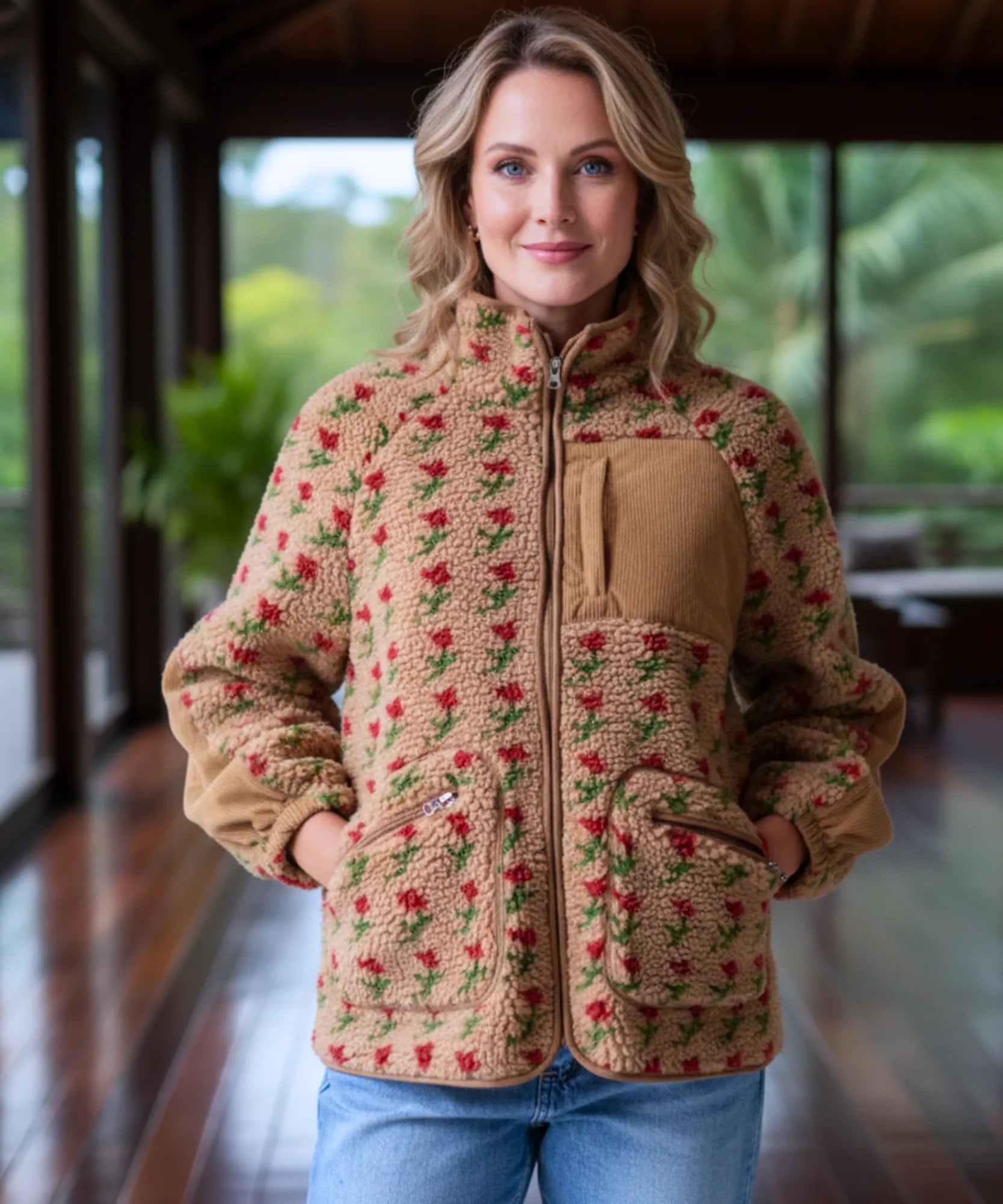 Detail of the zip pockets on the floral fleece jacket