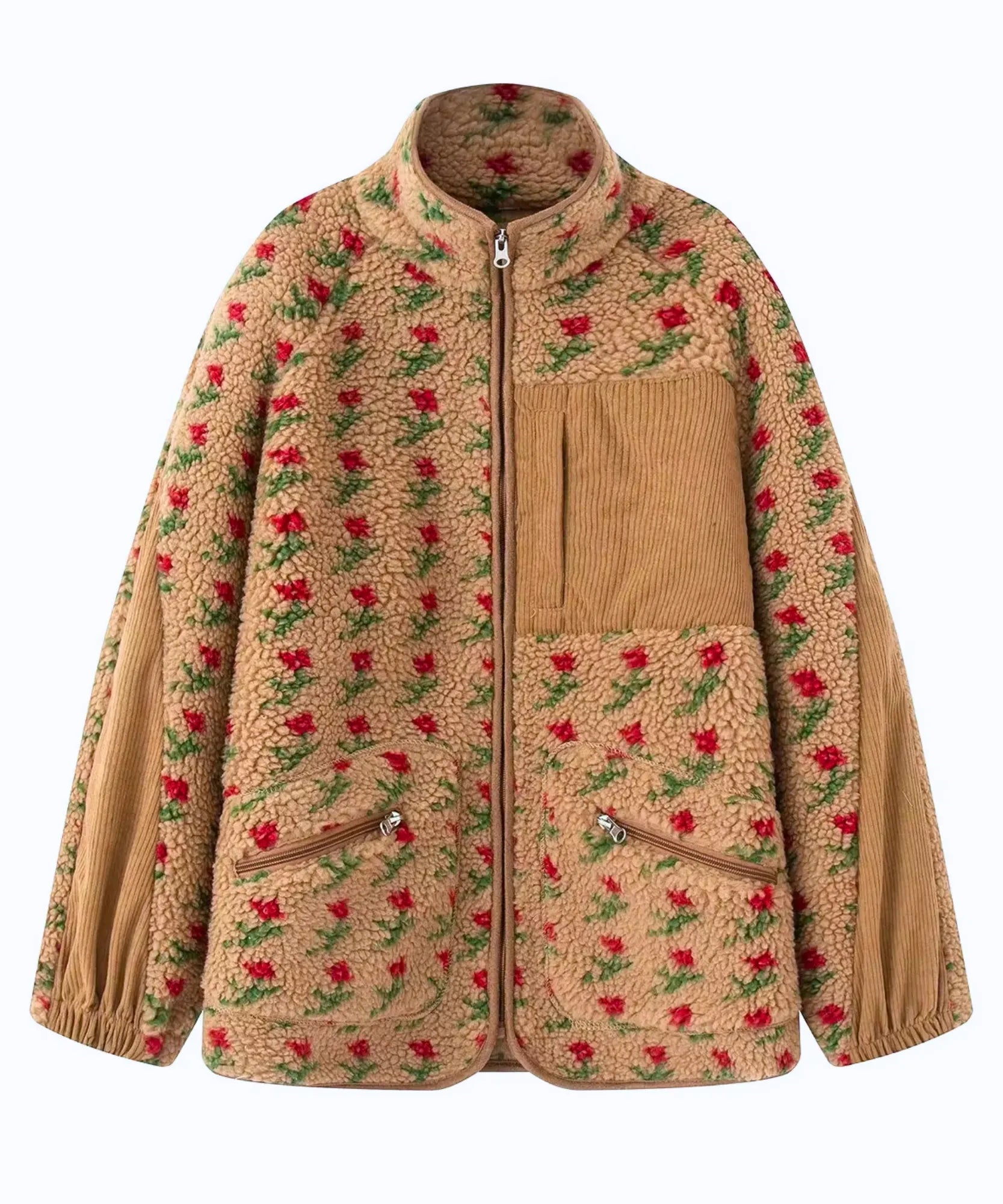 Woman wearing the camel floral fleece jacket with jeans