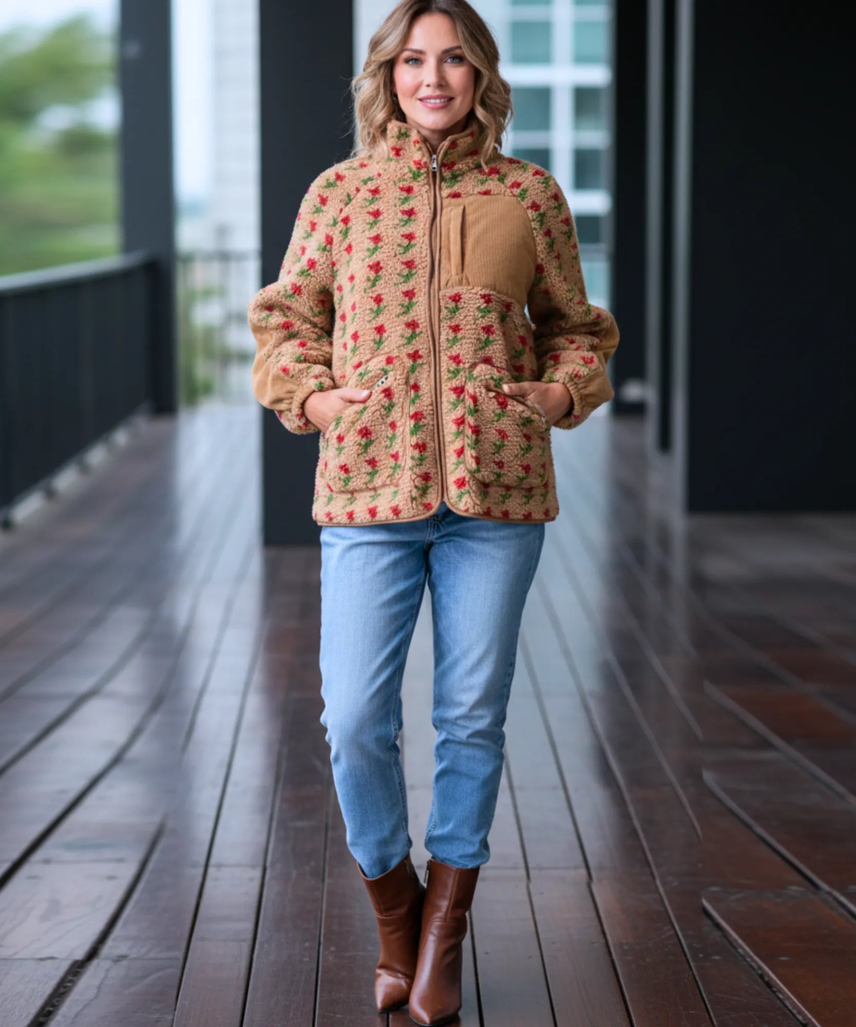 Close-up of the high collar on the floral fleece jacket