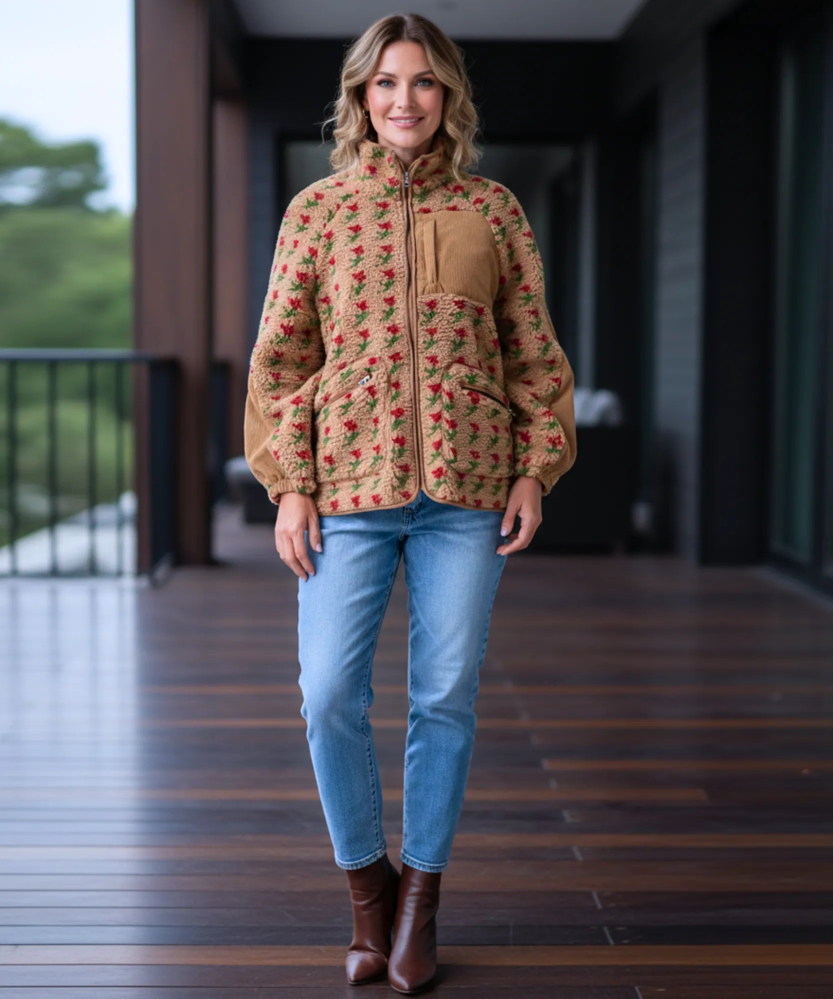 Woman posing in the oversized floral fleece jacket