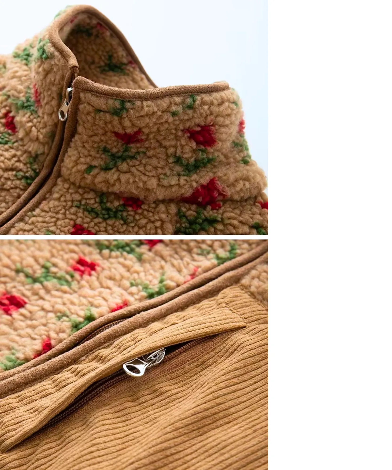 Full length view of the camel floral fleece jacket
