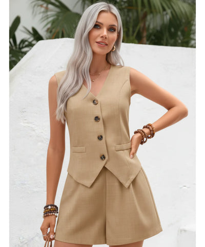 Women’s Linen Tailored Vest and Shorts Set | Fefa