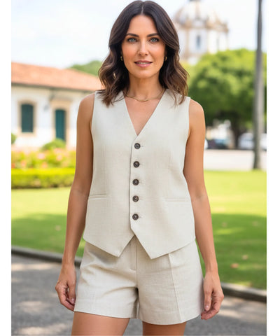 Women’s Linen Tailored Vest and Shorts Set | Fefa
