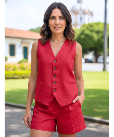 Women’s Linen Tailored Vest and Shorts Set | Fefa