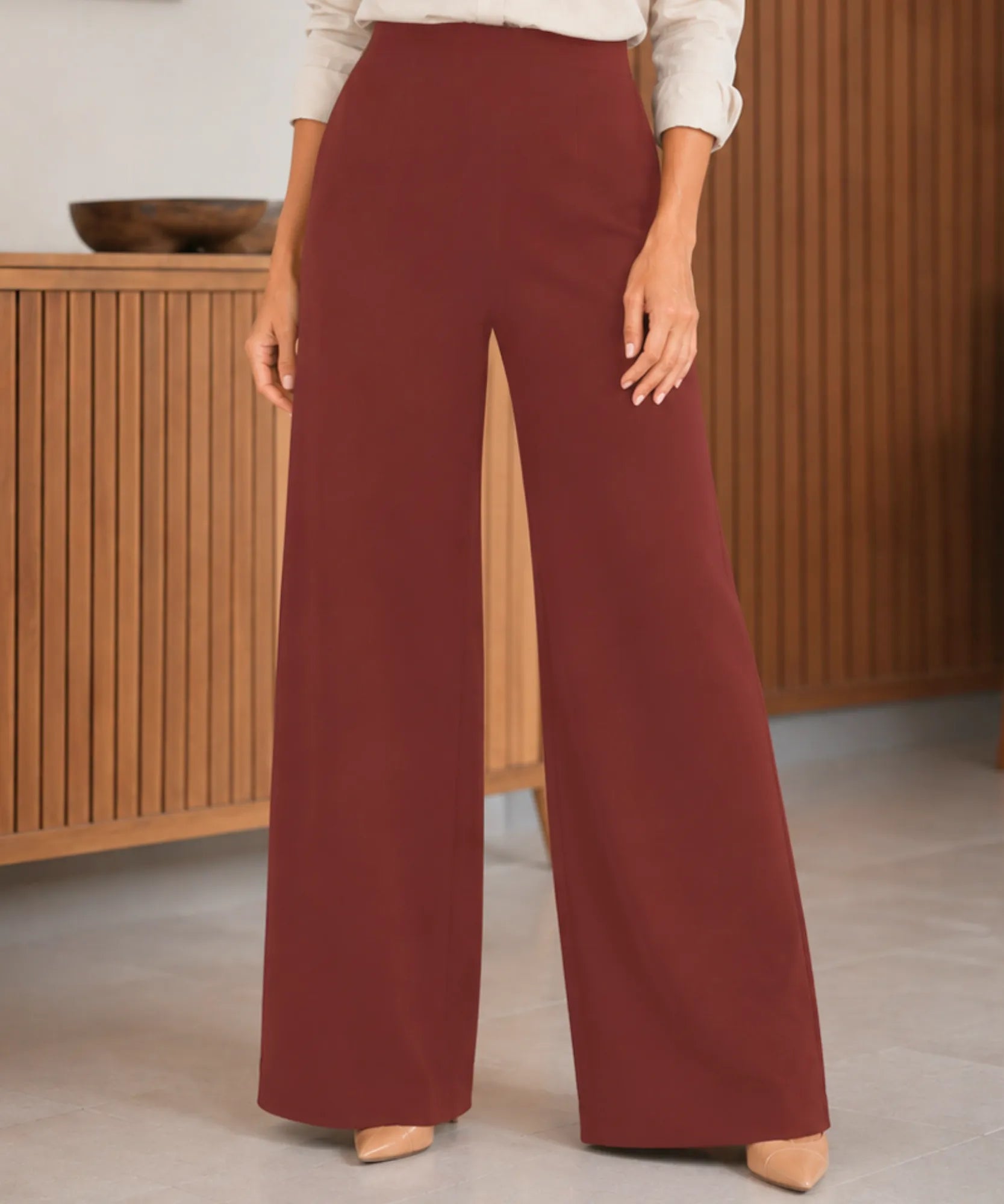 Women's crepe blouse and wide-leg pants set, drop-shoulder detail