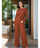 Women's crepe blouse and wide-leg pants set in brown