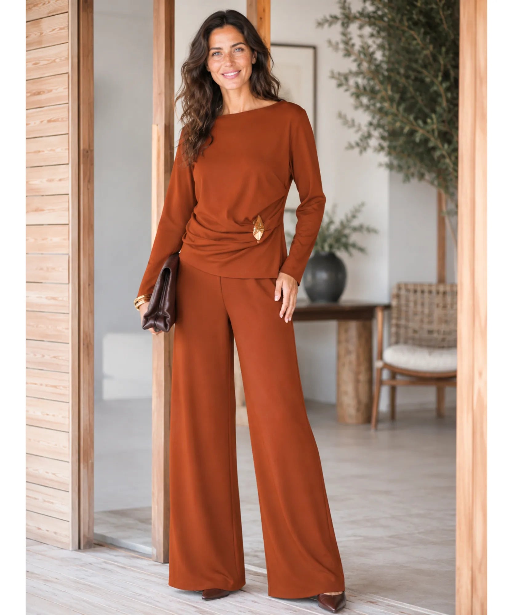 Women's crepe blouse and wide-leg pants set, close-up detail